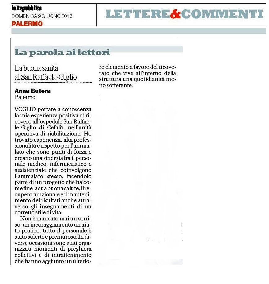 La Repubblica ed. Palermo - La Buona sanità al San Raffaele Giglio